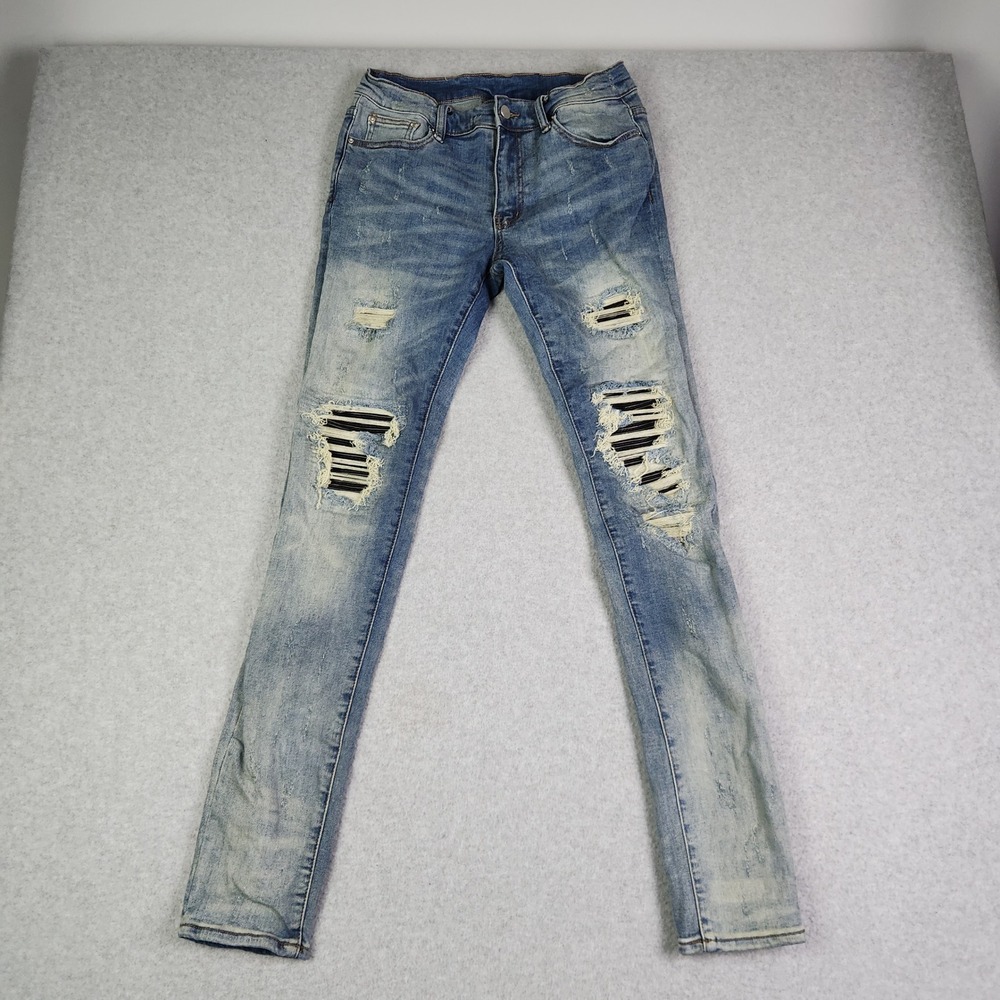 mnml Jeans Womens 29 Blue Denim Stretch Distressed Ripped Underlay Skinny Leg